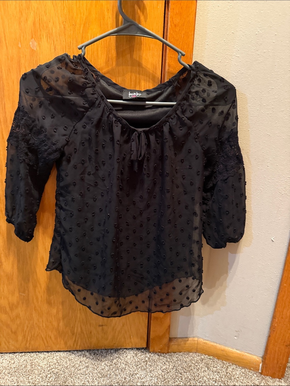 Girls' Black Swiss Dot Tie-Neck Blouse